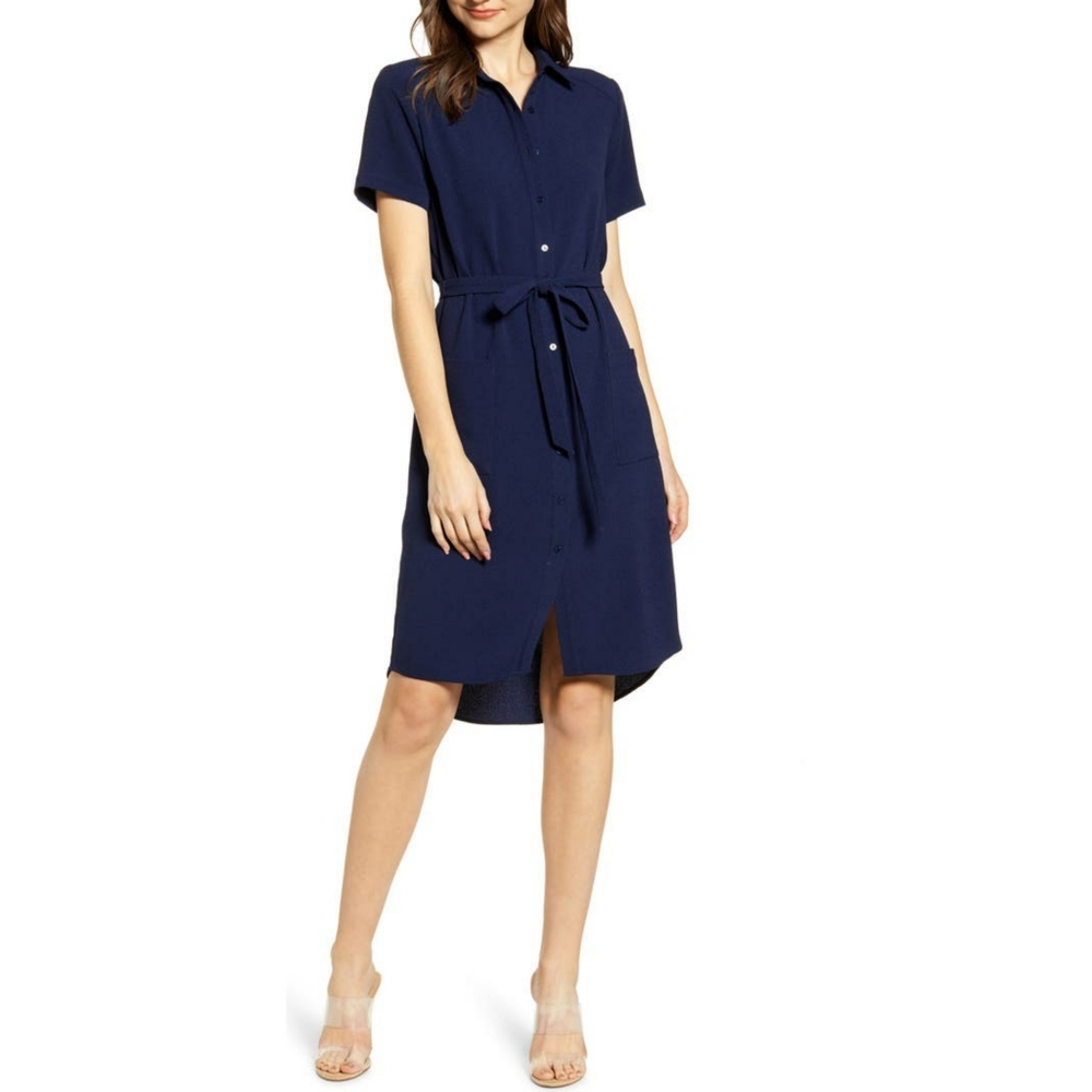 RACHEL PARCELL Navy Peacoat Blue Collared Button Short High Low Shirt Dress XXS